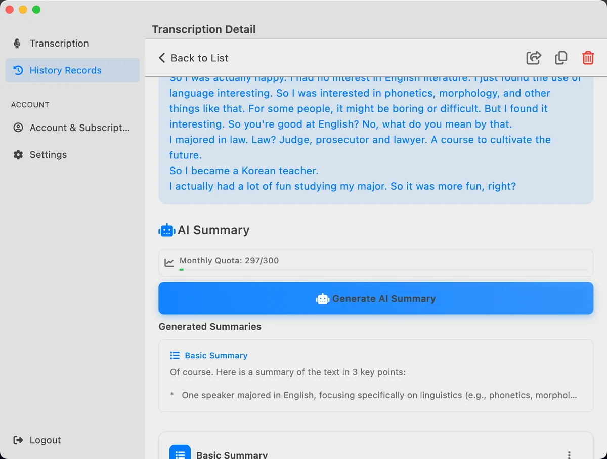 AI Summary feature showing key points extraction