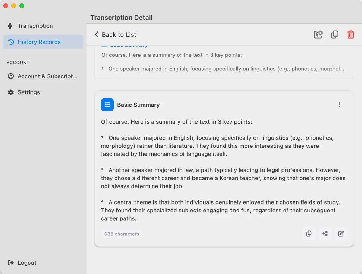 Detailed AI summary results