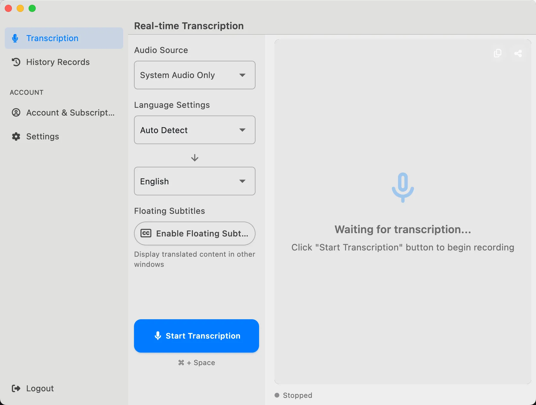 LiveTrans desktop app showing real-time meeting transcription with floating subtitles